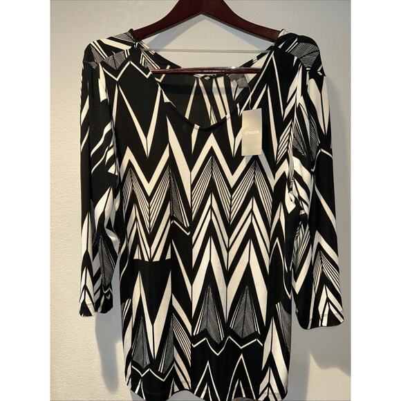 NWT Chicos Travelers Sz L Deco Pull Over Blouse 3/4 Sleeve Easy Wear Boho Whimsy - Picture 1 of 11